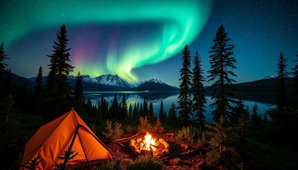 A breathtaking panorama of Canadian national parks, showcasing the serene beauty of camping under the stars. In the foreground, a cozy tent nestled amidst lush greenery, with a crackling campfire casting a warm glow. The middle ground reveals majestic mountains, their snow-capped peaks reflected in a pristine lake. Towering pine trees line the shore, creating a natural sanctuary. In the background, a vibrant aurora borealis dances across the night sky, illuminating the wilderness with a ethereal display of color. Soft, diffused lighting highlights the peaceful ambiance, inviting the viewer to immerse themselves in the tranquility of the great outdoors.
