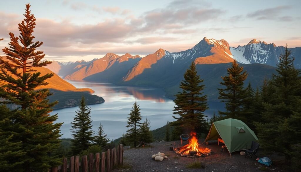A breathtaking vista of the rugged Cape Breton Highlands in Nova Scotia, Canada. The foreground features a well-equipped campsite nestled among ancient evergreen trees, with a crackling campfire casting a warm glow. In the middle ground, a serene lake reflects the surrounding mountains capped with snow. The background is dominated by the dramatic, jagged peaks of the highlands, bathed in the golden light of the setting sun. The scene conveys a sense of peaceful isolation, with the only sound being the gentle lapping of the water and the crackle of the fire. A wide-angle lens captures the grandeur of the landscape, while soft, diffused lighting creates a cozy, inviting atmosphere, perfect for an unforgettable camping experience.