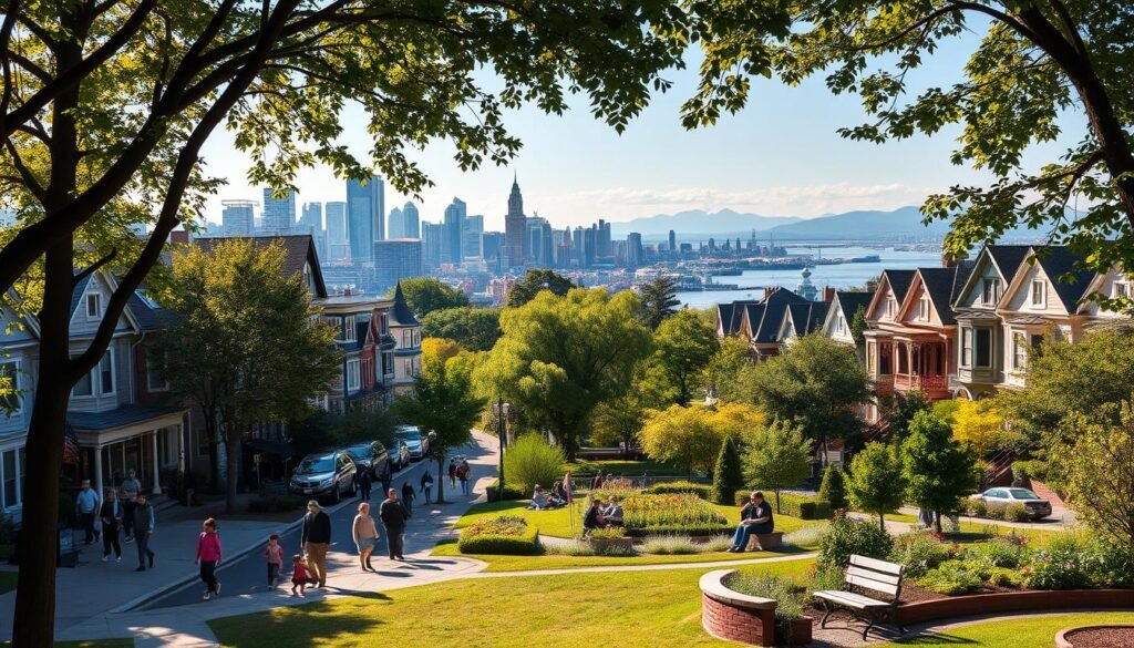A bustling city skyline with modern high-rises and historic landmarks, set against a backdrop of the majestic St. Lawrence River and the gentle slopes of Mount Royal. Families stroll along tree-lined streets, past colorful row houses and cozy cafes. In the foreground, a vibrant neighborhood park where children play, parents relax on benches, and a community garden thrives. Warm afternoon sunlight filters through the leaves, creating a welcoming and peaceful atmosphere. The scene captures the perfect balance of urban amenities and natural beauty that makes Montreal an ideal place for families to call home.