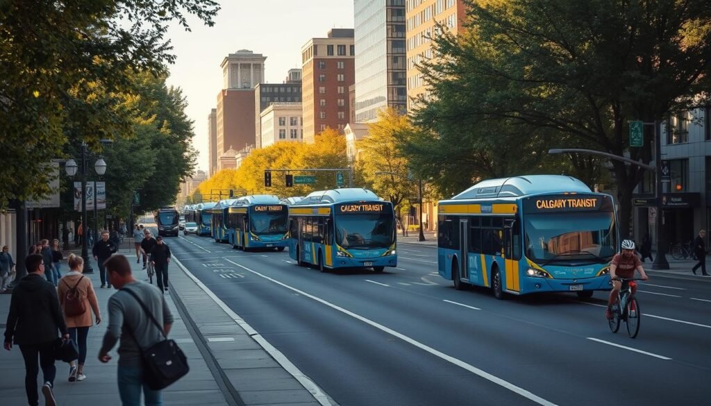 A bustling city streetscape, with the iconic blue and yellow buses of Calgary Transit taking commuters along a wide, tree-lined avenue. The scene is bathed in the warm glow of afternoon sunlight, casting long shadows across the pavement. In the foreground, pedestrians casually stroll along the sidewalk, while cyclists weave between the steady flow of traffic. In the middle ground, the sleek, modern silhouettes of the transit buses stand out against the backdrop of the city's high-rise buildings, their reflections shimmering in the windows. The overall atmosphere is one of vibrant urban life, efficiency, and sustainable transportation options.