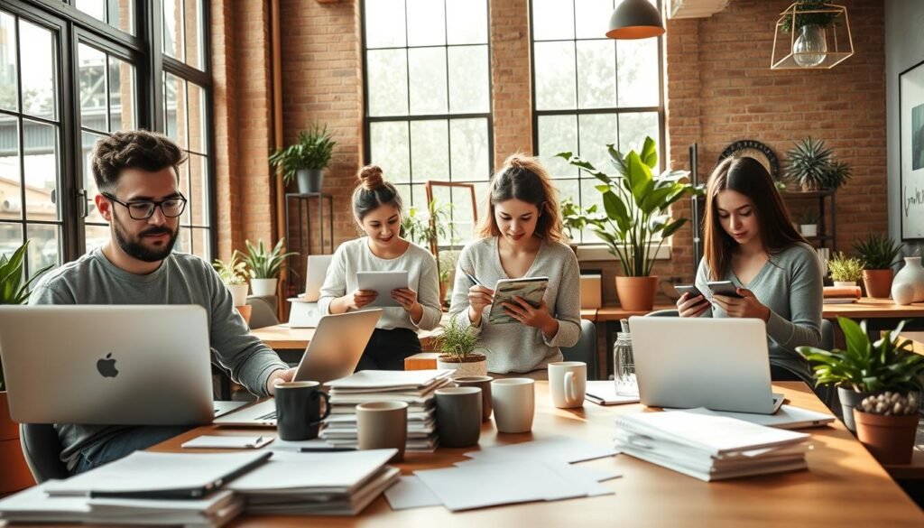 A bustling coworking space with natural light streaming through large windows, highlighting various freelance gigs. In the foreground, a freelance web developer working on a laptop, surrounded by stacks of notes and coffee mugs. In the middle ground, a freelance graphic designer sketching on a tablet, collaborating with a freelance copywriter. In the background, a freelance accountant reviewing financial documents, and a freelance social media manager scheduling posts on their phone. Warm, earthy tones create a productive, creative atmosphere, with potted plants and minimalist decor adding to the professional yet relaxed vibe.