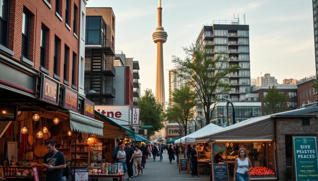 A bustling street in downtown Toronto, showcasing the diverse array of side hustles unique to the city. In the foreground, a lively open-air market with artisanal vendors selling handcrafted goods, street food, and locally sourced produce. In the middle ground, a mix of small businesses, from an independent bookstore to a cozy café, all with eye-catching signage and vibrant window displays. In the background, the iconic skyline of Toronto, with the CN Tower standing tall, illuminated by warm, golden-hour lighting. The scene conveys a sense of urban energy, entrepreneurial spirit, and the city's distinct cultural flair.