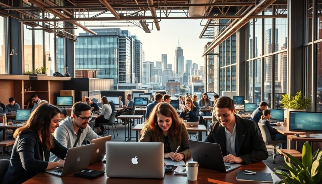 A bustling tech hub in downtown Vancouver, with a diverse array of lucrative side gigs on display. In the foreground, a group of professionals collaborating on laptops, their faces alight with focused determination. The middle ground features a mix of modern coworking spaces, trendy cafes, and tech startup offices, all abuzz with activity. In the background, the iconic skyline of Vancouver rises, a testament to the city's dynamic and rapidly evolving tech ecosystem. Warm, natural lighting filters through the windows, casting a soft, productive glow over the scene. The overall atmosphere conveys a sense of innovation, opportunity, and the thrill of building something remarkable as a side hustle.