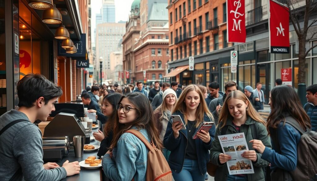 A bustling university district in Montreal, with young adults engaged in various part-time jobs. In the foreground, students work at a local café, pouring coffee and serving pastries under the warm glow of natural lighting. In the middle ground, a group of students distribute flyers for a campus event, their lively expressions capturing the energy of the city. In the background, the iconic architecture of McGill University and other nearby institutions set the scene, with students hurrying to and fro, balancing their studies and part-time employment. The overall atmosphere conveys the vibrant, student-centric lifestyle of Montreal's university neighborhoods.