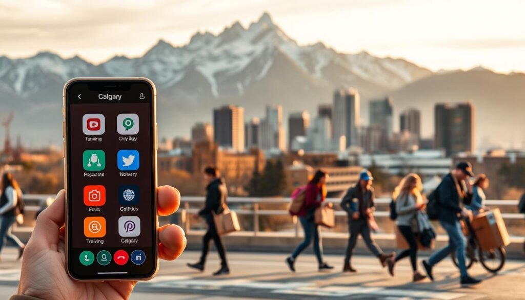A bustling urban landscape against the backdrop of the majestic Rocky Mountains, showcasing the diverse gig economy platforms thriving in Calgary. In the foreground, a sleek smartphone displays various gig apps, their vibrant icons and intuitive interfaces inviting users to explore flexible work opportunities. The midground features busy individuals, some carrying deliveries, others tapping away on their devices, all engaged in the dynamic rhythm of the gig economy. In the distance, the skyline of Calgary's downtown core rises, a testament to the city's blend of modern innovation and natural beauty. Soft, warm lighting filters through the scene, creating a sense of energy and opportunity that encapsulates the essence of Calgary's thriving gig economy.