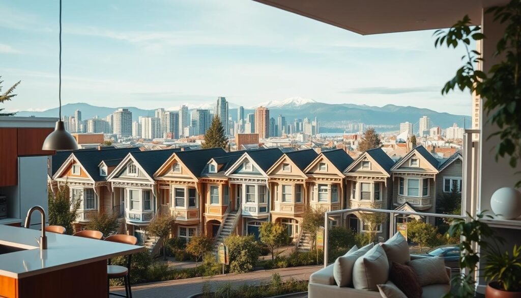 A bustling urban scene of Vancouver's rental-based side hustles. In the foreground, a well-appointed home interior with a modern kitchen and living area, showcasing the potential of a vacation rental or Airbnb. In the middle ground, a row of traditional townhouses with "For Rent" signs, hinting at the opportunities for small-scale property management. In the background, the iconic skyline of downtown Vancouver, with the North Shore mountains in the distance, conveying the allure of this vibrant, scenic city. The lighting is warm and inviting, with soft, diffused natural light flooding the scene. The overall tone is one of urban sophistication and entrepreneurial opportunity.