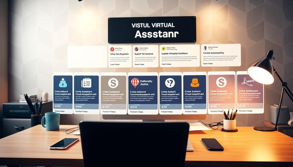 A bustling virtual office setting, with a vibrant display of virtual assistant job opportunities. In the foreground, a sleek, modern desk setup with a laptop, smartphone, and various productivity tools. The middle ground showcases a series of virtual job listings, each with an eye-catching icon and a succinct description. The background features a geometric wallpaper in muted tones, creating a sense of professionalism and opportunity. Soft, directional lighting illuminates the scene, casting subtle shadows and highlights to enhance the three-dimensional depth. The overall atmosphere conveys a sense of digital professionalism, highlighting the diverse range of virtual assistant positions available.