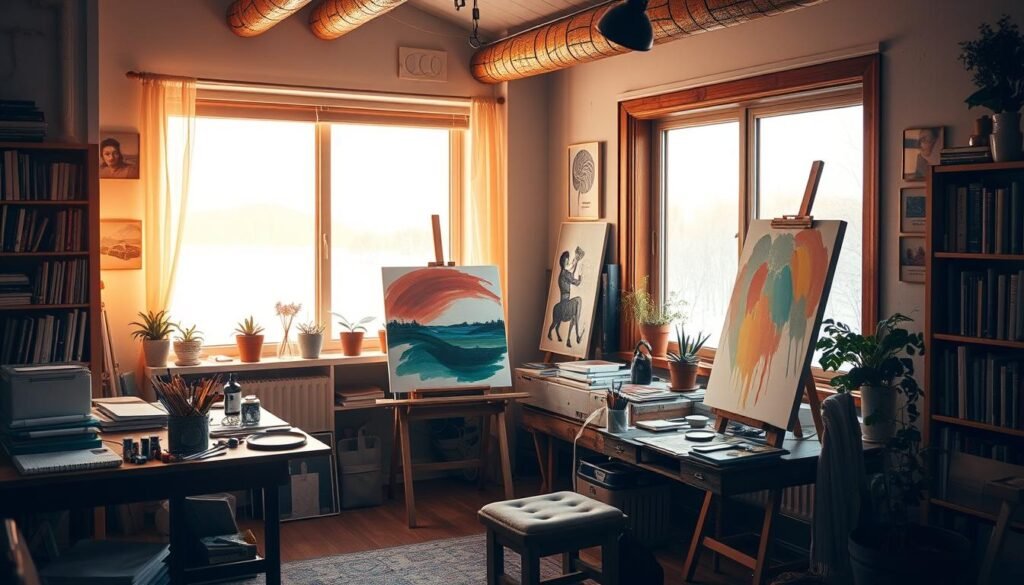 A cozy art studio filled with warm, natural light. In the foreground, a person sits at an easel, painting vibrant brushstrokes onto a canvas. Nearby, a table displays an array of art supplies - paints, pencils, sketchbooks. The middle ground features shelves lined with books, potted plants, and inspirational artwork. In the background, a large window overlooks a snowy, serene landscape, with soft, diffused lighting filtering in. The overall atmosphere is one of focused creativity, calm introspection, and a sense of escaping the winter blues through artistic expression.