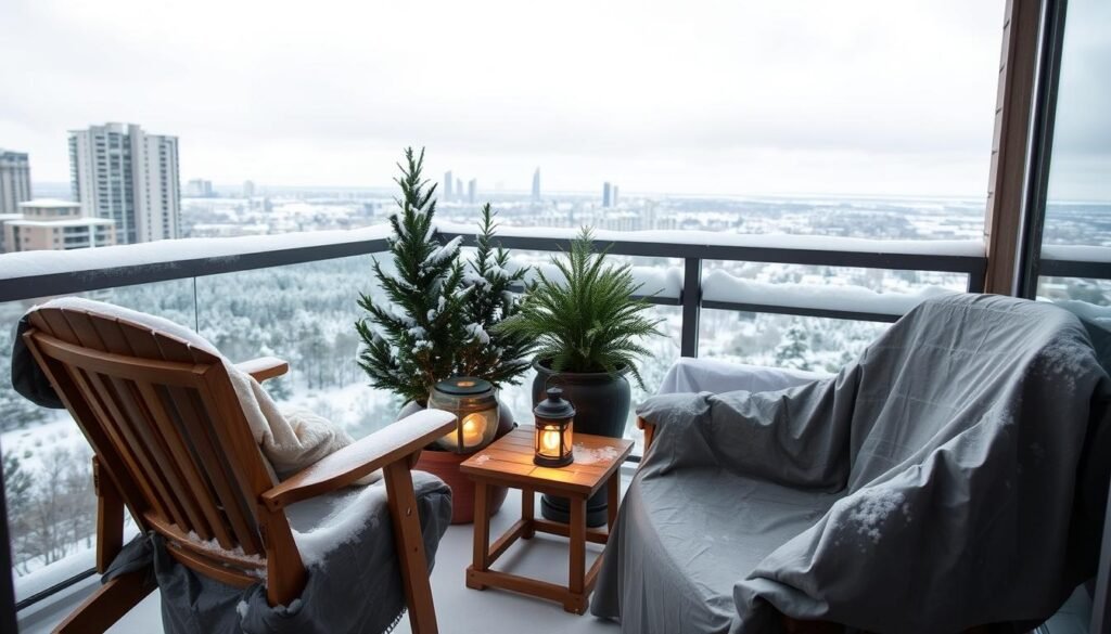A cozy balcony scene in the snowy Canadian winter. In the foreground, a pair of wooden patio chairs and a small side table, all neatly covered in weatherproof tarps and blankets. Soft warm lighting emanates from a tabletop lantern, casting a gentle glow. In the middle ground, lush potted plants and a decorative ceramic planter, protected by insulating wraps. The background reveals a snowy cityscape, with distant skyscrapers and a cloud-covered sky. The overall mood is one of tranquil, well-prepared winterization, ready to withstand the cold months ahead.