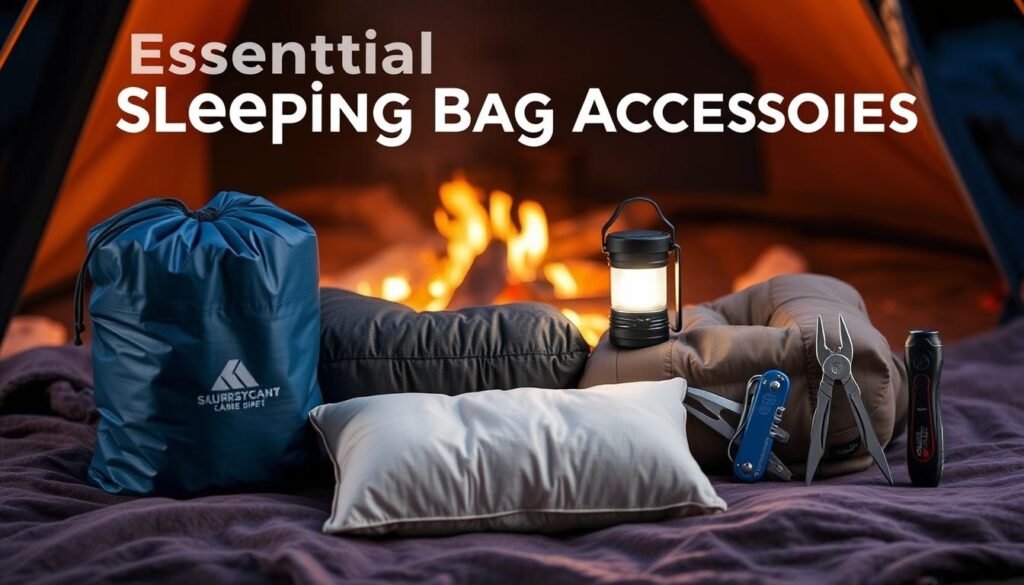 A cozy collection of essential sleeping bag accessories, including a durable waterproof stuff sack, a lightweight travel pillow, a compact camp light, and a versatile multi-tool. The accessories are artfully arranged against a backdrop of a warm, campfire-lit scene, with soft shadows and a gentle glow, creating an inviting and atmospheric setting. The composition showcases the practical and functional nature of these accessories, while also conveying a sense of comfort and adventure.
