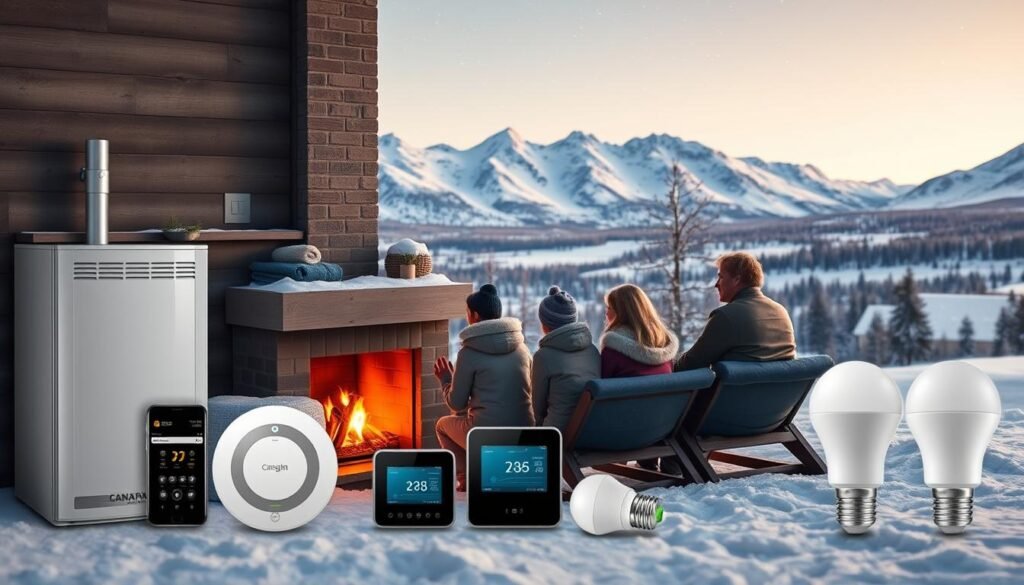 A cozy, energy-efficient home nestled amidst a snowy winter landscape. In the foreground, a family gathers around a crackling fireplace, dressed in warm, comfortable clothing. The middle ground features various home appliances and electronics, including a high-efficiency furnace, smart thermostat, and energy-saving LED bulbs. The background showcases a panoramic view of the Canadian countryside, with snow-capped mountains and a clear, starry sky. The lighting is soft and warm, creating a inviting and peaceful atmosphere. The composition is balanced, with attention to detail and a focus on practical, eco-friendly home solutions.