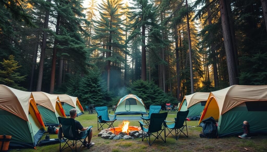 A cozy gathering of tents nestled in a lush, verdant Canadian campground. In the foreground, a circle of camp chairs surrounds a crackling fire, inviting lively conversation and camaraderie. Towering pines and firs form a sheltering canopy above, dappling the scene with warm, golden light. Backpacks, hiking gear, and the faint sound of laughter suggest a community of outdoor enthusiasts, drawn together by a shared love of nature. The atmosphere is one of relaxation, connection, and a sense of belonging, reflecting the social aspects of camping in Canada's picturesque landscapes.