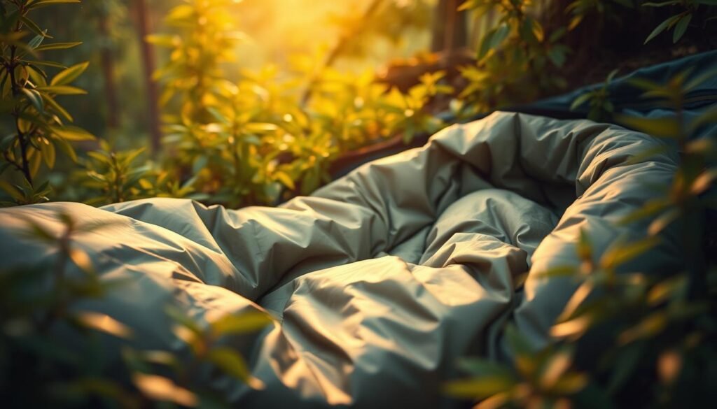 A cozy, lightweight sleeping bag nestled among lush, verdant foliage, its silky fabric glistening under the warm, golden glow of a diffused, natural light. The sleeping bag's minimalist design and compact size suggest its suitability for Canadian backpacking trips, its muted colors blending seamlessly with the serene, wilderness backdrop. The composition emphasizes the bag's practical yet stylish appeal, inviting the viewer to envision themselves snugly tucked inside, surrounded by the tranquil beauty of the great Canadian outdoors.