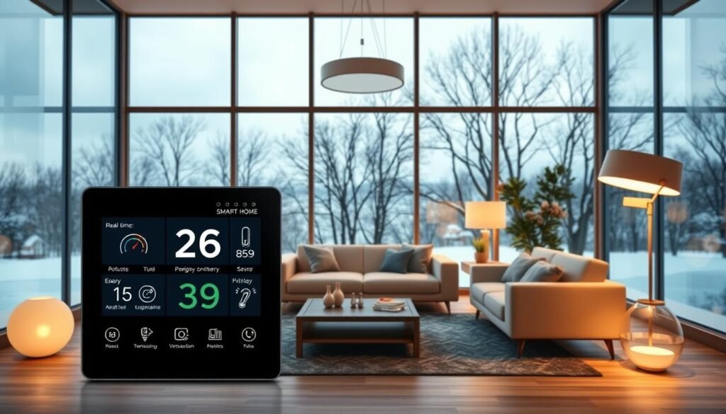 A cozy living room interior with a large window overlooking a snowy landscape. In the foreground, a sleek, modern smart home energy monitoring panel displays real-time data on energy consumption, temperature, and efficiency. The panel features a clean, minimalist design with touchscreen controls. In the middle ground, an ergonomic sofa and armchair are arranged around a low table, creating a comfortable seating area. Soft, diffused lighting from floor lamps and a central pendant fixture casts a warm glow throughout the space. The background showcases the snowy outdoor scene, with bare trees and a serene, overcast sky visible through the window. The overall atmosphere is one of modern, technological efficiency blended with a sense of domestic comfort and relaxation.