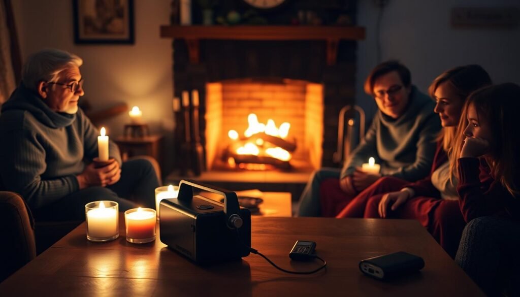 A cozy living room with a fireplace flickering warmly, casting a soft glow on the faces of a family gathered around, illuminated by the soft light of candles and oil lamps. In the background, a table with a battery-powered radio and a charged power bank, ready to keep them connected during the winter power outage. Subtle shadows and highlights create a peaceful, intimate atmosphere, conveying the resilience and adaptability of the scene.