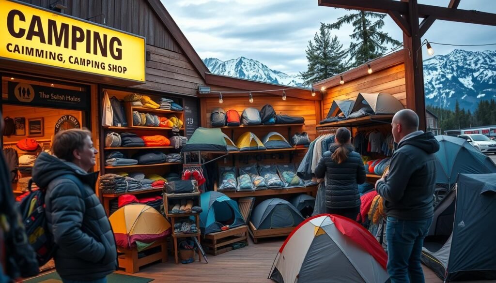 A cozy outdoor scene of a well-stocked camping gear shop in a quaint Canadian town. The storefront is adorned with bright signage and inviting window displays showcasing an array of high-quality tents, sleeping bags, and other camping essentials. The interior is warmly lit, with wooden shelves and displays highlighting the various tent models available. In the foreground, a friendly sales associate engages with a customer, guiding them through the selection. The middle ground features a diverse range of tents, from traditional dome designs to modern, technical backpacking models. The background showcases a picturesque mountain landscape, hinting at the nearby outdoor adventures waiting to be explored.