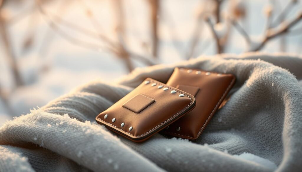A cozy pair of hand warmers, compact and portable, nestled against a winter backdrop. Soft, supple leather cases encase the warmers, embellished with delicate stitching. Subtle metallic accents catch the muted, diffused light, creating a warm, inviting glow. The warmers rest atop a bed of soft, textured fabric, hinting at the comfort and relief they provide. Snowflakes drift gently in the air, adding to the serene, wintry atmosphere. A minimalist, natural color palette evokes the essence of the Canadian winter, ready to keep hands toasty and well-protected.