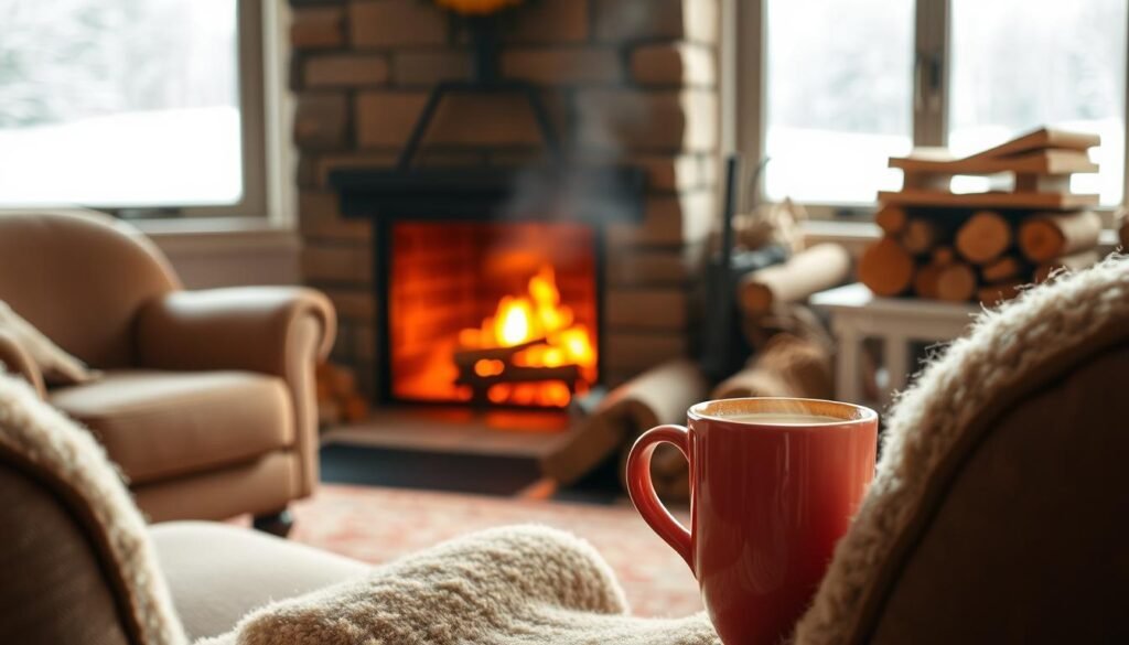 A cozy room with a warm fireplace burning brightly, its flickering flames casting a golden glow across the space. In the foreground, a plush armchair and a mug of steaming hot cocoa sit invitingly, hinting at the comfort and safety of the indoor environment. The middle ground features a crackling fire, surrounded by neatly stacked firewood and a well-tended hearth, emphasizing the importance of proper heating equipment maintenance. In the background, a snowy landscape can be seen through the window, a stark contrast to the inviting interior, reinforcing the need for reliable indoor heating during the winter season. The scene is illuminated by a soft, natural lighting, creating a serene and peaceful atmosphere.