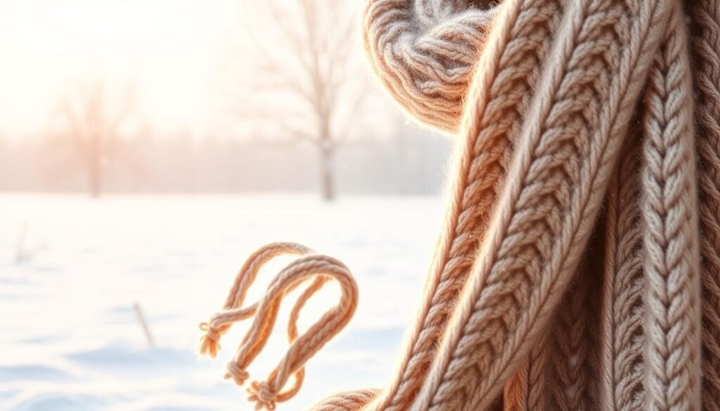 A cozy, thick-knitted winter scarf in a soft, neutral hue lies draped against a backdrop of softly falling snow. The scarf's intricate stitching and textured pattern catch the gentle glow of warm, diffused lighting, creating an inviting and serene atmosphere. In the foreground, the scarf's ends casually billow and flow, suggesting the chilly yet tranquil winter air. The middle ground features a muted, snowy landscape, with bare trees and a subtle horizon line. The overall composition evokes a sense of winter's peaceful solitude and the importance of bundling up to stay warm and protected.