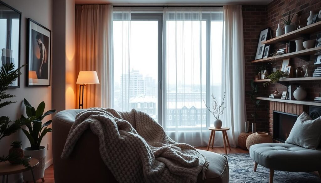 A cozy winter apartment sanctuary, bathed in warm, ambient lighting. The foreground features a plush, oversized armchair draped with a fluffy knitted blanket, inviting you to curl up and relax. In the middle ground, a large floor-to-ceiling window overlooks a snow-covered cityscape, framed by sheer, flowing curtains. The background showcases a brick accent wall adorned with framed artwork and shelves displaying an eclectic mix of books, plants, and decorative items. Soft textures, muted tones, and a sense of hygge pervade the space, creating a harmonious, soothing atmosphere perfect for weathering the winter chill.