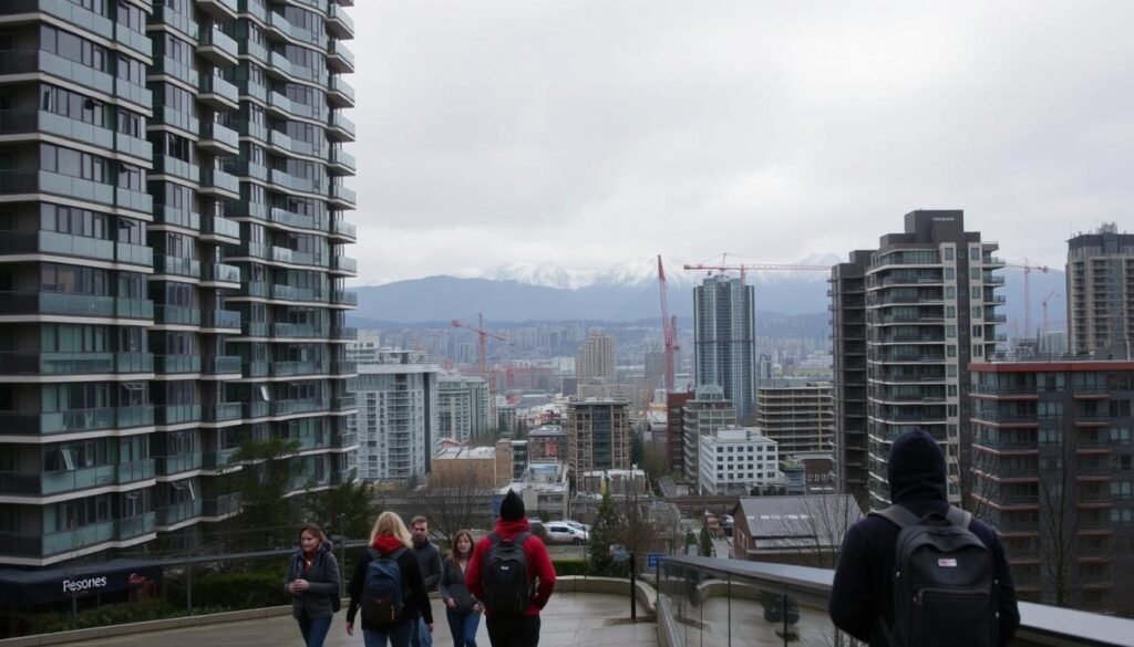 A densely packed high-rise apartment building, its glass facade reflecting the gray skies of a rainy Vancouver day. In the foreground, a group of students hurry along the sidewalk, bundled up against the chill, their backpacks and books a testament to the academic pursuits that draw them to this city. The middle ground reveals a bustling urban landscape, with cranes and construction equipment hinting at the rapid development transforming the skyline. In the distance, the iconic mountains of British Columbia loom, a reminder of the natural beauty that belies the challenges of affordable housing. The scene conveys a sense of both opportunity and constraint, as the city's rising costs push student living further from the heart of campus.