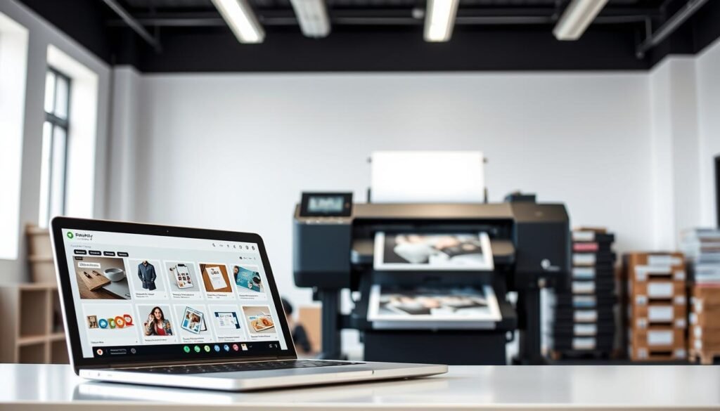 A high-quality image depicting an online printing service, with a clean, modern aesthetic that aligns with the article's subject and section title. In the foreground, a laptop or tablet displays an intuitive print-on-demand platform, showcasing a range of customizable product options. The user interface is sleek and user-friendly, highlighting the ease of setting up an online printing business. In the middle ground, a professional-grade printer hums quietly, ready to produce high-quality prints on demand. The printer is situated in a well-lit, organized workspace, conveying efficiency and attention to detail. The background features a minimalist, white-walled office setting, emphasizing the digital and technology-driven nature of the online printing process. Subtle accents, such as stacked boxes or shipping materials, hint at the fulfillment and distribution aspects of the business. The overall mood is one of productivity, simplicity, and empowerment, capturing the essence of the article's subject and the
