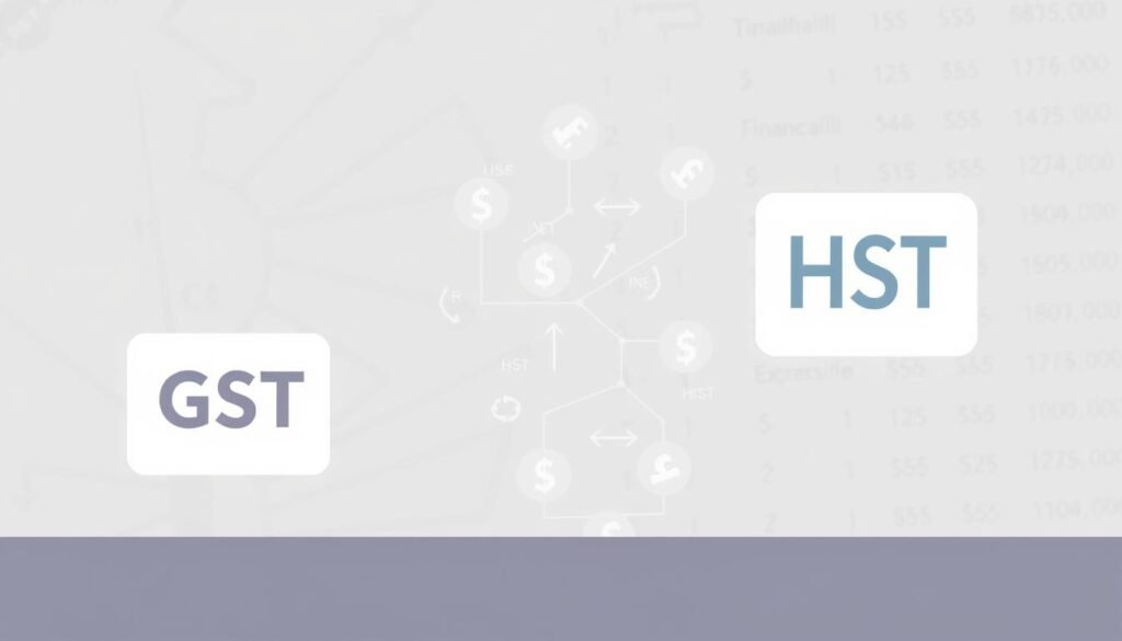 A modern, minimalist illustration depicting the key concepts of GST/HST sales tax. In the foreground, a clean, geometric representation of the GST and HST tax icons or symbols, rendered in a subtle, muted color palette. In the middle ground, an abstract visualization of financial transaction flows, with stylized currency symbols and numerical data. The background features a softly blurred, lightly textured financial document or spreadsheet backdrop, conveying a sense of the administrative aspects of sales tax compliance. The overall mood is one of informative simplicity, guiding the viewer's understanding of this important Canadian tax system.