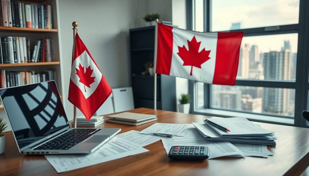 A modern, well-lit home office setup with a Canadian flag prominently displayed. On the desk, a laptop, calculator, and various financial documents related to Fiverr income and taxes. In the background, shelves filled with books and a window overlooking a cityscape. The overall mood is one of organization, professionalism, and attention to detail when it comes to managing Canadian Fiverr income and taxes.