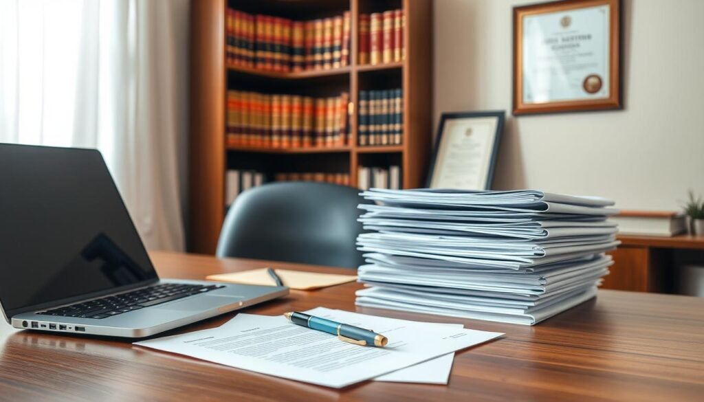 A neatly organized office desk with a laptop, pen, and a stack of official-looking documents. The lighting is soft and warm, creating a professional atmosphere. In the background, a bookshelf filled with legal tomes and a framed certificate on the wall, indicating the authority and legitimacy of the business registration process. The overall scene conveys a sense of diligence, attention to detail, and the importance of properly establishing a new enterprise.