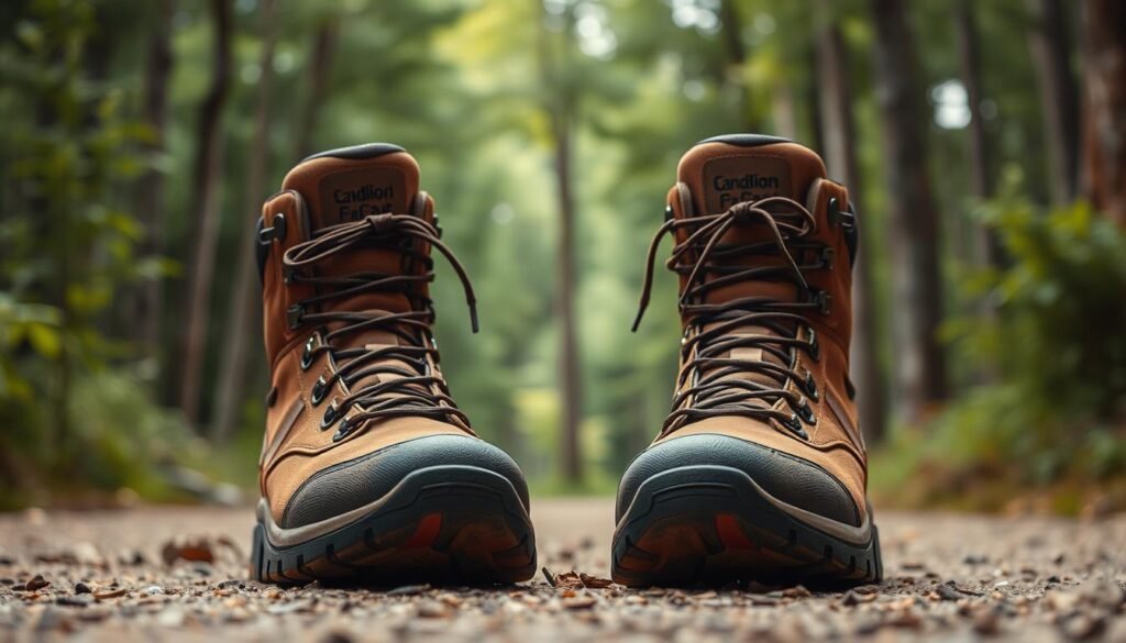 A pair of rugged, budget-friendly hiking boots stands in the foreground, their durable soles and reinforced toes ready to tackle the trails. Warm, earthy tones of brown and tan dominate the scene, reflecting the natural environment. In the middle ground, a lush, green forest canopy sets the stage, hinting at the outdoor adventures that await. Soft, diffused lighting casts a warm, inviting glow, adding to the sense of exploration and discovery. The composition is balanced, with the boots taking center stage and the surrounding landscape providing a complementary backdrop, capturing the essence of affordable, practical gear for the Canadian hiking enthusiast.