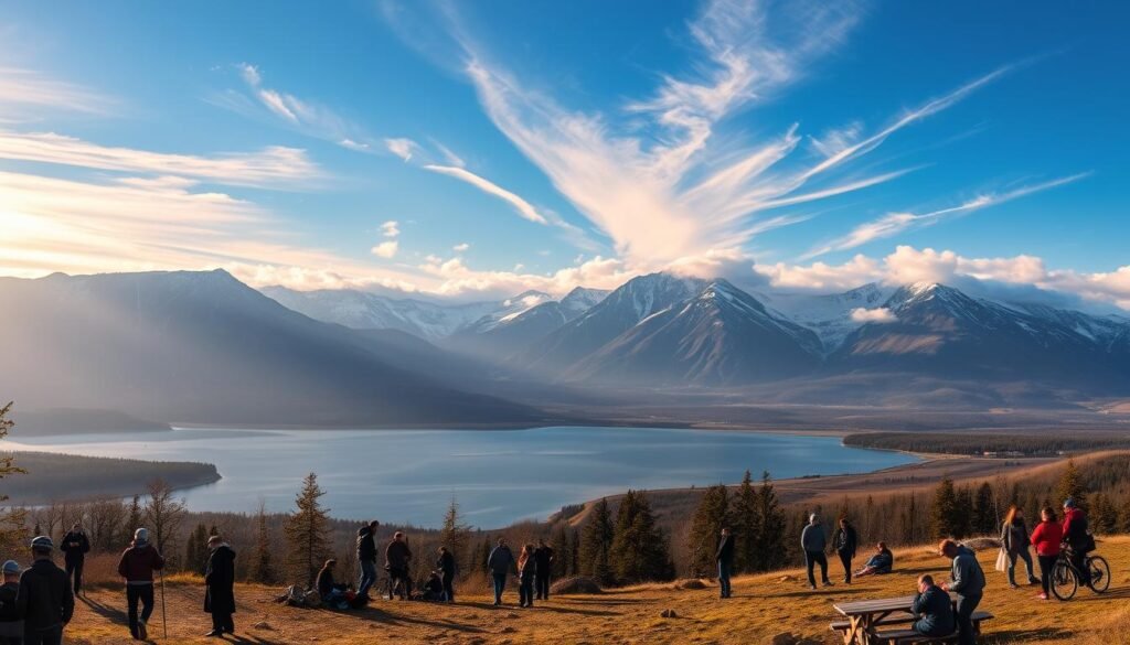 A panoramic outdoor scene in Calgary, Canada. In the foreground, people engage in various activities like hiking, cycling, and picnicking against the backdrop of the majestic Rocky Mountains. The middle ground features a serene, glistening lake reflecting the surrounding peaks. The background is dominated by towering, snow-capped mountain ranges bathed in warm, golden sunlight filtering through wispy clouds. The overall atmosphere conveys a sense of tranquility, adventure, and awe-inspiring natural beauty. Captured with a wide-angle lens to showcase the scale and grandeur of the landscape.