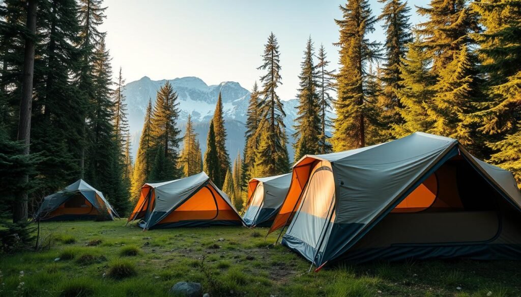 A picturesque Canadian campsite nestled in a verdant forest, showcasing several high-quality, Canadian-made camping tents in a range of earthy tones and sleek designs. The tents are arranged neatly, their sturdy frames and weather-resistant fabrics reflecting the rugged outdoor lifestyle. Warm, natural lighting filters through the trees, casting a cozy glow over the scene. In the background, snow-capped mountains rise majestically, hinting at the breathtaking landscapes beyond. The overall atmosphere evokes a sense of adventure, comfort, and pride in Canadian craftsmanship.