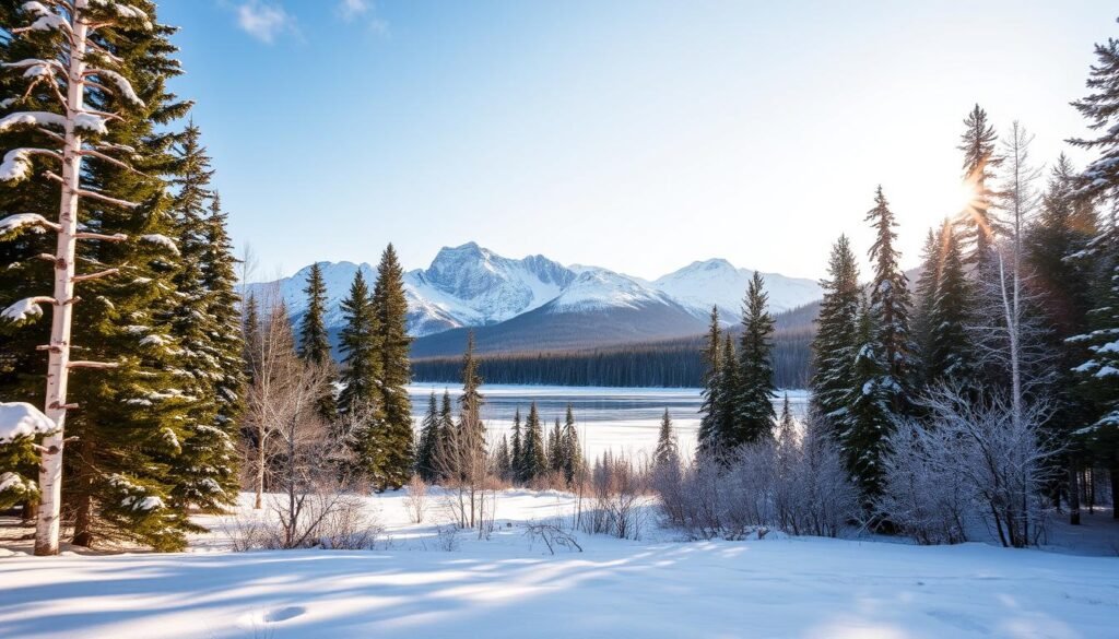 A picturesque Canadian winter landscape, bathed in the warm glow of a low afternoon sun. In the foreground, a snowy forest of evergreen pines and birch trees, their branches delicately dusted with a layer of fresh, powdery snow. The middle ground reveals a serene frozen lake, its surface reflecting the beauty of the surrounding landscape. In the distance, majestic snow-capped mountains rise against a crisp, azure sky, their peaks piercing the horizon. The scene exudes a sense of peace and tranquility, inviting the viewer to embrace the wonder and stillness of the Canadian winter. Captured with a wide-angle lens, this image conveys a harmonious balance between the natural elements, highlighting the beauty and resilience of the season.