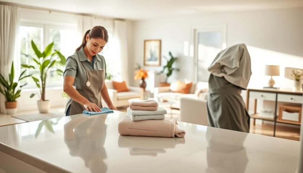 A pristine house interior with a warm, inviting ambiance. In the foreground, a housekeeper in a crisp uniform diligently cleans a shiny, spotless kitchen counter using a microfiber cloth. In the middle ground, a stack of folded towels and cleaning supplies neatly arranged on a nearby table. The background showcases a spacious, well-lit living room with plush furniture and vibrant, potted plants, exuding a sense of cleanliness and organization. Soft, natural lighting filters through large windows, creating a calming, serene atmosphere. The overall scene conveys professionalism, attention to detail, and the promise of a thoroughly cleaned and tidy home.