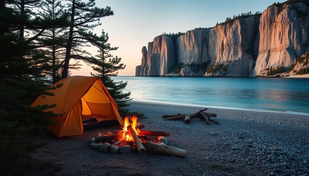 A serene campsite nestled amid the rugged beauty of Bruce Peninsula National Park, on the crystalline waters of Georgian Bay. In the foreground, a cozy tent flanked by a crackling campfire, its warm glow dancing on the surrounding pine trees. The middle ground reveals a pristine beach, with smooth pebbles leading to the tranquil, azure-hued waters. In the distance, towering limestone cliffs rise majestically, their weathered facades casting dramatic shadows under the soft, golden-hour lighting. A sense of tranquility and adventure permeates the scene, inviting the viewer to immerse themselves in the natural wonder of this iconic Canadian landscape.