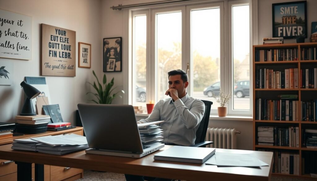 A serene home office, flooded with warm, natural light from a large window. On the desk, a laptop, a stack of well-organized papers, and a thoughtful Canadian entrepreneur deeply focused on scaling their Fiverr business. The walls are adorned with inspirational quotes and vibrant artwork, creating a productive and motivating atmosphere. In the background, a bookshelf filled with relevant business and entrepreneurship resources. The room exudes a sense of professionalism, hard work, and a keen eye for detail - all the hallmarks of a thriving Fiverr venture.