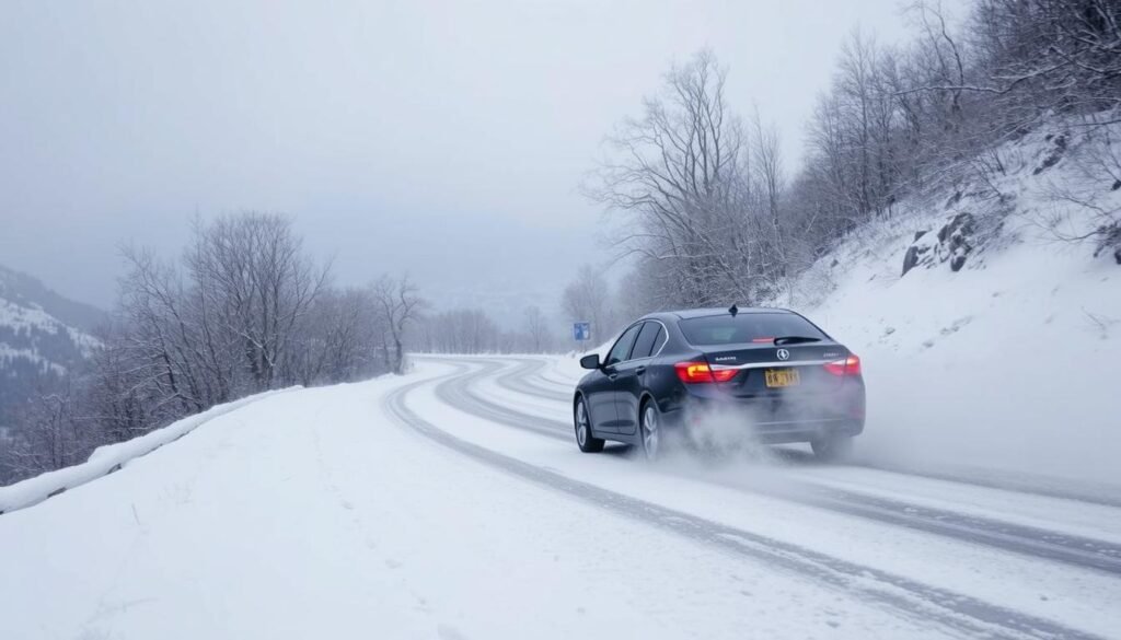 A snowy highway winds through a mountainous landscape, the sky a pale gray overcast. In the foreground, a sedan cautiously navigates the icy road, its tires kicking up plumes of powdery snow. The trees along the roadside are bare, their branches reaching skyward like skeletal fingers. Dim headlights cast a warm glow, illuminating the mist that hangs in the air. The scene evokes a sense of isolation and the challenges of driving in harsh winter conditions. The overall mood is one of caution and determination, as the driver navigates the treacherous path ahead.
