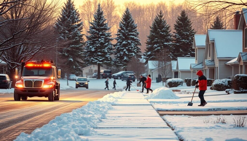 A snowy urban landscape in the golden hour, with a focus on a residential street lined with single-family homes. In the foreground, a snow plow truck is clearing the sidewalk, its bright lights illuminating the freshly fallen snow. In the middle ground, homeowners are shoveling their driveways and walkways, bundled up in warm winter coats. In the background, a row of tall evergreen trees stands tall, creating a picturesque winter scene. The lighting is soft and warm, casting a cozy glow over the entire image.