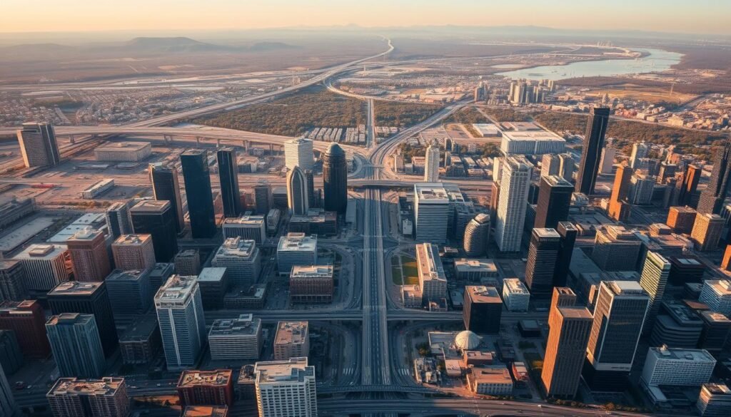A sprawling aerial view of major Canadian cities, showcasing their diverse skylines and urban landscapes. The foreground features a mix of modern high-rises, historic buildings, and bustling streets. The middle ground captures the intricate transportation networks, including highways, railways, and public transit systems. The background reveals the vast geographical scale, with mountains, forests, and bodies of water framing the cityscape. The scene is bathed in warm, golden hour lighting, creating a sense of vibrancy and vitality. Captured with a wide-angle lens to emphasize the scale and interconnectedness of these metropolitan hubs, this image aims to convey the unique challenges and opportunities of domestic travel and urban living in Canada.