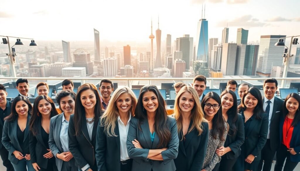 A vibrant, panoramic scene showcasing the success stories of Canadian virtual assistants. In the foreground, a diverse group of confident, smiling individuals dressed in professional attire, representing the varied backgrounds and expertise of the virtual assistant community. The middle ground features a bustling office environment with modern technology and collaborative workspaces, highlighting the dynamic nature of their businesses. The background depicts the iconic landmarks of major Canadian cities, symbolizing the nationwide impact and growth of this thriving industry. Warm, natural lighting illuminates the scene, conveying a sense of optimism and prosperity. The overall composition captures the spirit of achievement, innovation, and the rising prominence of Canadian virtual assistants.