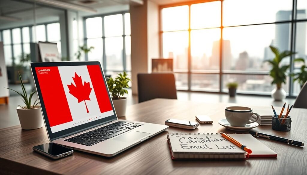 A vibrant, professional-looking image of "Canadian Email Marketing" showcasing a stylish laptop, smartphone, and stationery items set against a clean, modern office backdrop. The foreground features an open laptop displaying a Canadian flag-themed email marketing dashboard, surrounded by various digital devices and office supplies. The middle ground includes a neatly organized desk with a potted plant, a cup of coffee, and a notebook with the words "Canadian Email List" written on it. The background depicts a bright, airy office space with large windows overlooking a cityscape, creating a sense of productivity and success. Lighting is soft and natural, with a warm, inviting color palette that evokes a distinctly Canadian aesthetic.