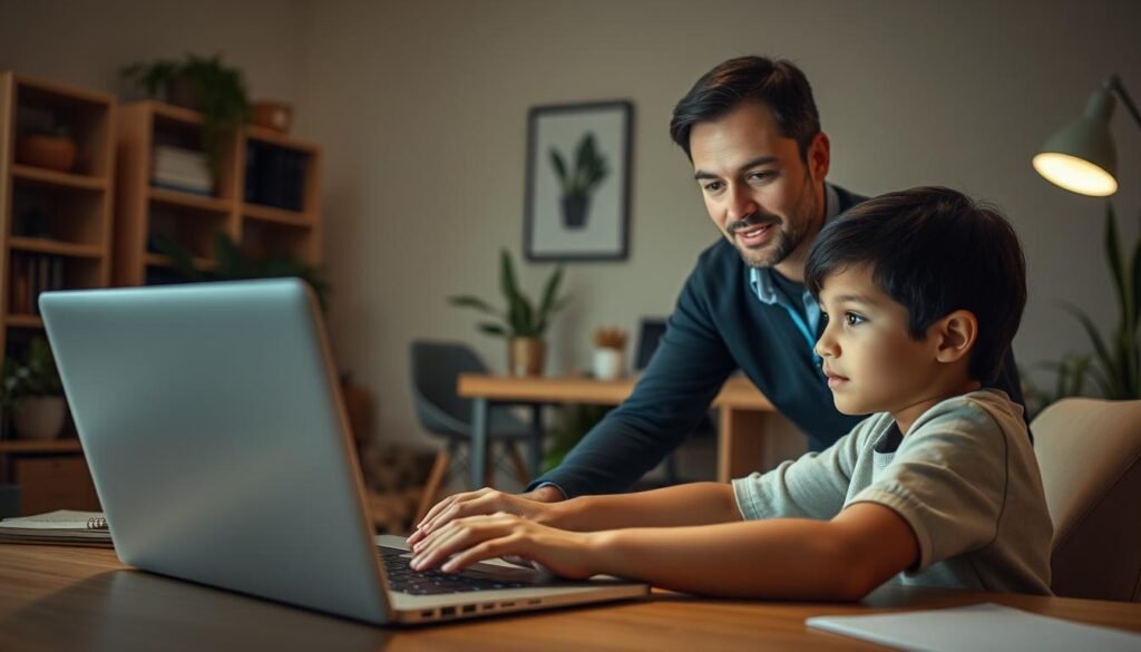 A warm, inviting classroom setting with a cozy, well-lit virtual tutoring session in progress. In the foreground, a young student intently focused on their laptop, engaged in an online lesson. The middle ground features a tutor, their face illuminated by the soft glow of the screen, guiding the student through the material. The background showcases a tastefully decorated home office, with bookshelves, plants, and minimal, streamlined decor, creating a professional yet comfortable atmosphere. The lighting is soft and natural, with a touch of directional illumination to highlight the participants' expressions and create a sense of depth and dimension. The overall mood is one of productive collaboration, learning, and a positive educational experience.