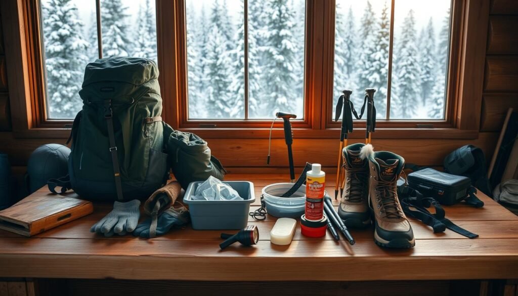 A well-lit, high-resolution photograph of a wooden workbench in a cozy, rustic cabin. In the foreground, various winter hiking gear items are neatly arranged, including a backpack, boots, gloves, and a warm jacket. In the middle ground, a pair of hiking poles and a headlamp are placed alongside a small tub of gear maintenance supplies, such as waterproofing wax and a brush. The background features a large window overlooking a snowy, pine-forested landscape, illuminated by soft, natural lighting. The overall mood is one of diligent preparation and appreciation for the great outdoors.