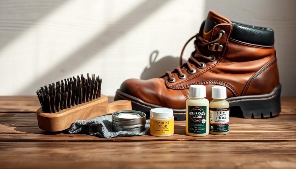 A well-worn, leather hiking boot rests on a wooden surface, illuminated by soft, natural lighting. In the middle ground, a boot brush, polishing cloth, and small containers of boot polish and conditioner are neatly arranged, hinting at the careful maintenance required to keep these durable footwear in peak condition. The background features a subtle, textured pattern, creating a calm, rustic atmosphere that complements the utilitarian nature of the scene. The overall composition emphasizes the importance of properly caring for your hiking boots to extend their lifespan and ensure a comfortable, reliable journey on your next outdoor adventure.