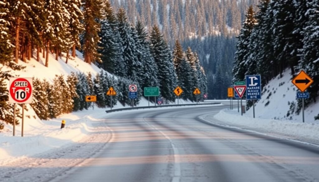 A winding winter highway flanked by snow-capped pines, with various road signs dotting the landscape. The signs display symbols and text for speed limits, lane merges, hazard warnings, and direction indicators, all coated in a light dusting of fresh snow. The scene is bathed in a soft, golden-hour glow, casting long shadows and creating a peaceful, serene atmosphere. The camera angle is slightly elevated, capturing the scene from an oblique perspective that emphasizes the depth and scale of the road and signage. The overall composition conveys a sense of navigating the unfamiliar terrain of US winter driving conditions.