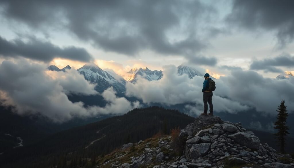 A windswept Canadian mountain landscape under a dramatic, moody sky. In the foreground, a hiker in full gear stands atop a rocky outcrop, peering intently at the horizon. The middle ground features a winding trail leading through a lush, evergreen forest. In the background, towering snow-capped peaks pierce the clouds, casting long shadows across the scene. Warm, golden light filters through the overcast, illuminating the hiker and terrain. The overall atmosphere conveys a sense of adventure, vigilance, and the power of nature.