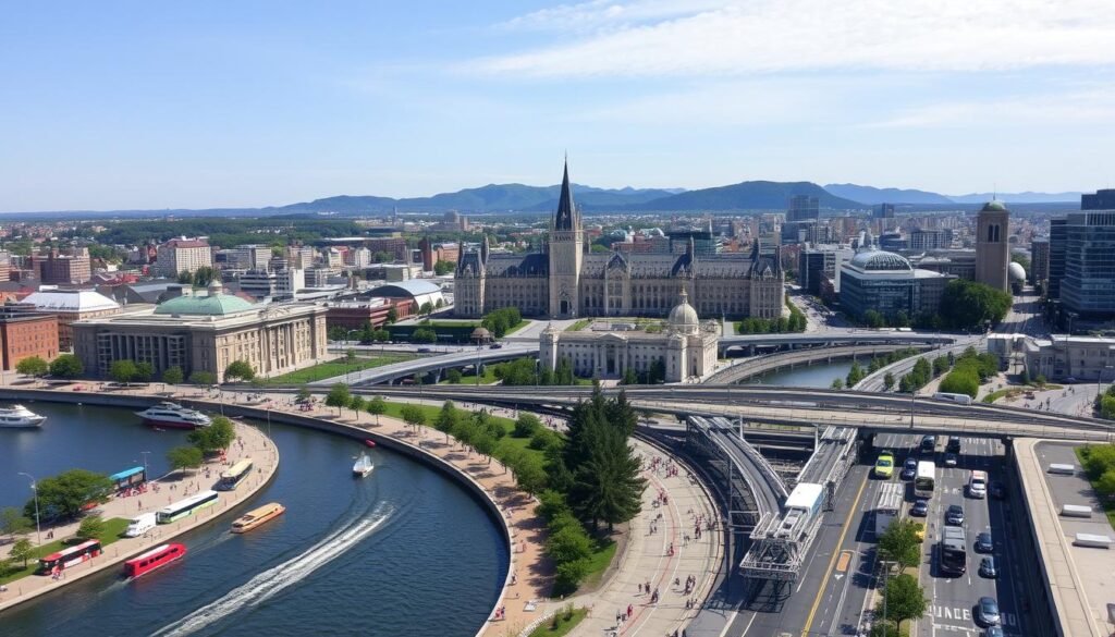 An aerial view of downtown Ottawa's bustling transportation network, captured on a sunny day with a wide-angle lens. In the foreground, the iconic Rideau Canal winds through the city, dotted with colourful boats and pedestrians strolling along the waterfront. Beyond, the streets are lined with a diverse array of public transit options - buses, light rail trains, and electric shuttles smoothly navigating the grid. In the middle ground, the historic Parliament Hill and government buildings stand tall, surrounded by a mix of modern high-rises and historic architecture. In the background, the Gatineau Hills rise up, providing a picturesque natural backdrop to the vibrant urban scene. The overall atmosphere conveys a sense of efficient connectivity and sustainable mobility, reflecting Ottawa's reputation as a well-planned, livable city.