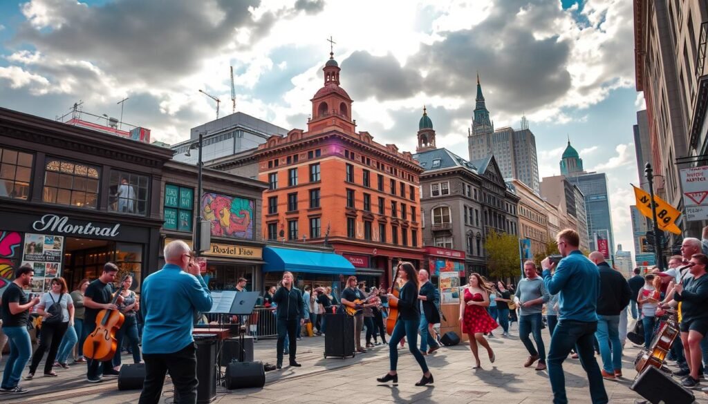 An energetic street scene in downtown Montreal, showcasing the city's vibrant arts culture. In the foreground, a group of performers - musicians, artists, and dancers - engage in a lively public display of their talents, drawing a captivated crowd. The middle ground features local art galleries, boutique shops, and independent cafes, their facades adorned with colorful murals and creative window displays. In the background, the iconic architecture of Montreal's historic buildings and landmarks provide a stunning backdrop, bathed in warm, golden sunlight filtering through a partly cloudy sky. The overall atmosphere is one of creativity, diversity, and community, reflecting the dynamic spirit of Montreal's thriving arts scene.