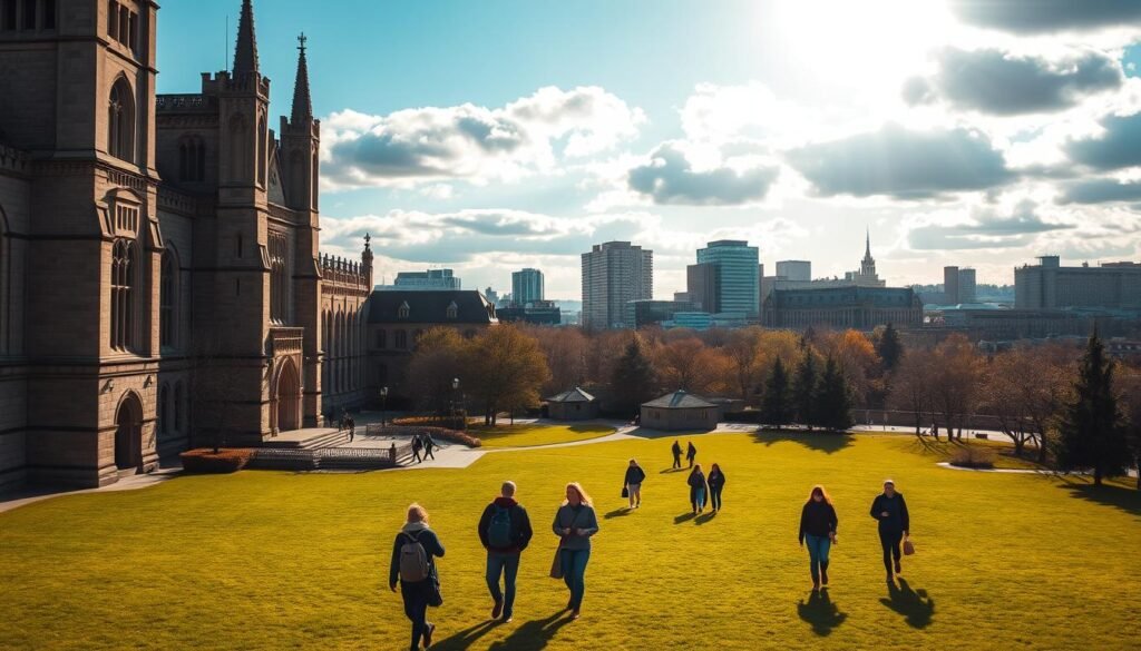 An iconic university campus nestled in the heart of Ottawa, Canada. A grand, neo-gothic architecture frames the foreground, its stately towers and intricate stonework casting long shadows across the lush, manicured lawn. In the middle ground, students stroll between classes, backpacks slung over their shoulders, engaged in lively discussions. The background features the city skyline, a blend of modern high-rises and historic landmarks, hinting at the dynamic educational and cultural environment of this vibrant capital city. Warm, golden sunlight filters through scattered clouds, creating a sense of warmth and productivity. The scene evokes a feeling of intellectual pursuit, community, and the promise of a bright future.