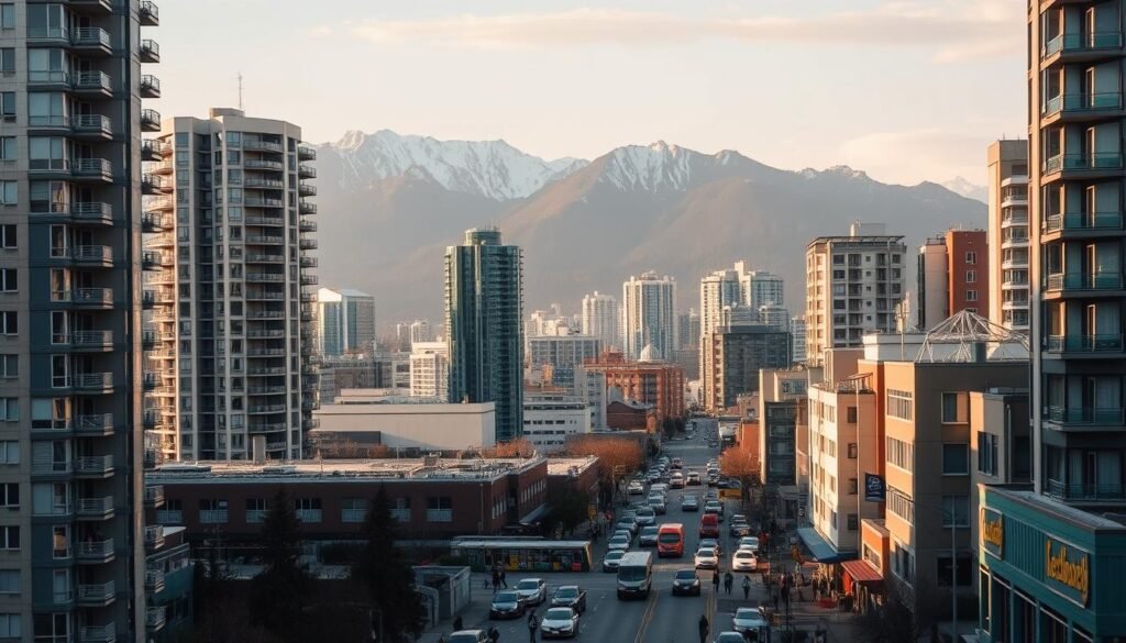 An urban landscape of downtown Vancouver, British Columbia, with towering high-rise apartments in the foreground, reflecting the high cost of living for students. In the middle ground, bustling streets filled with pedestrians, public transit, and small businesses struggle to cater to the student population. The background features the iconic North Shore mountains, hinting at the natural beauty that draws many to the city, yet is often overshadowed by the financial challenges. The scene is illuminated by a warm, golden hour lighting, casting long shadows and a sense of the city's vibrant, yet expensive, character.